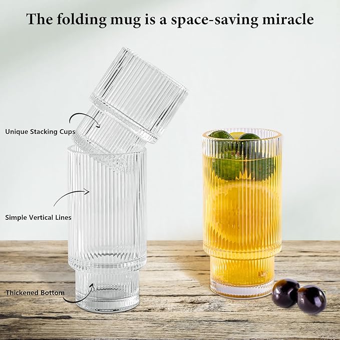 Ribbed Glasses Drinking Glassware - Set of 12 Vintage Cute Cocktail Cups - 6 Pcs Ripple Rluted Aesthetic Drinkware 16 oz & 6 Pcs House Essentials Glass 6 oz for Drink Coffee Beer
