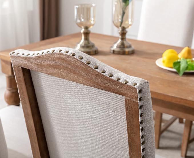CIMOTA Mid Century Modern Dining Chairs Set of 4, Farmhouse Upholstered Dining Room Chairs Comfortable Kitchen Side Chairs with High Back/Natural Solid Wood Frame, Linen Beige