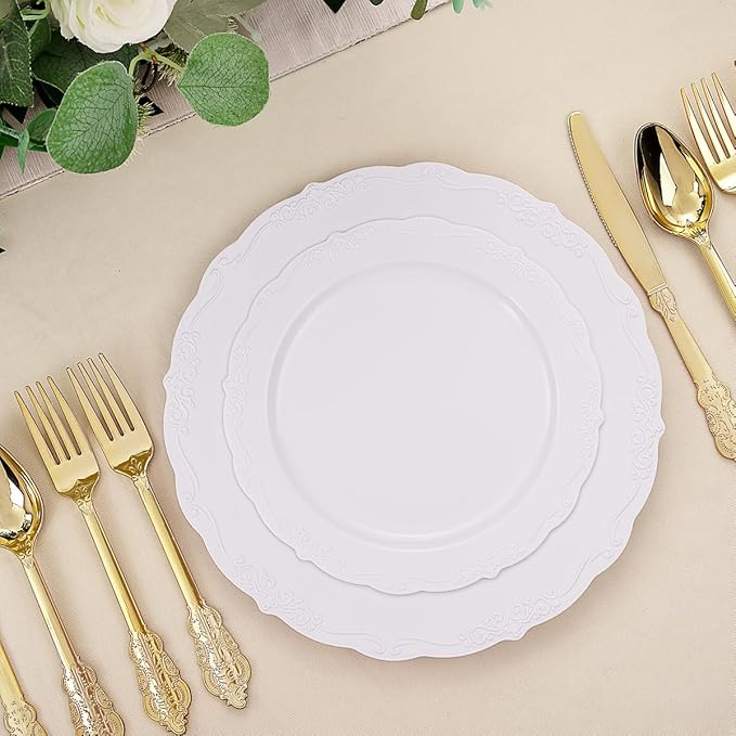 DaYammi 60PCS White Plastic Plates, Heavy Duty White Disposable Premium 7.5inch Dessert Cake Salad Appetizer Plates Hard Plastic Platos Disposable for Party Wedding