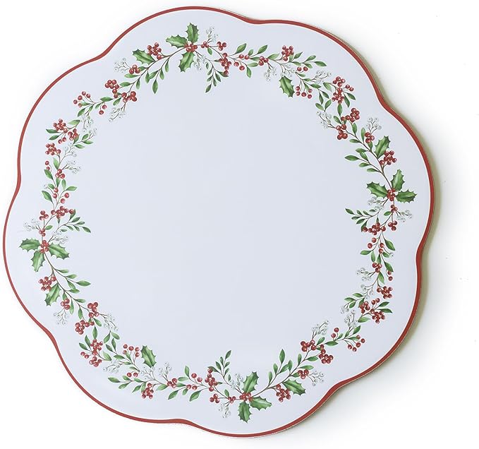 Benson Mills Cork Placemats Set of 4, Thick Cork Place Mats for Kitchen and Dining Tables, Easy Clean Table Mats for Christmas, Winter and Holidays (13.75" Round Set of 4, Holly Wreath)