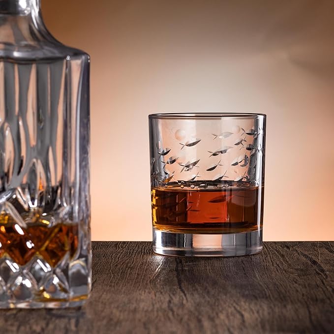 SHOSHIN Premium Hand Cut Whiskey Glasses (13 OZ, Set of 4) - Handmade Double Old Fashioned Scotch Glasses - Gift for Bourbon Lovers - Style Glassware for Rum - Fish Pattern set of 4