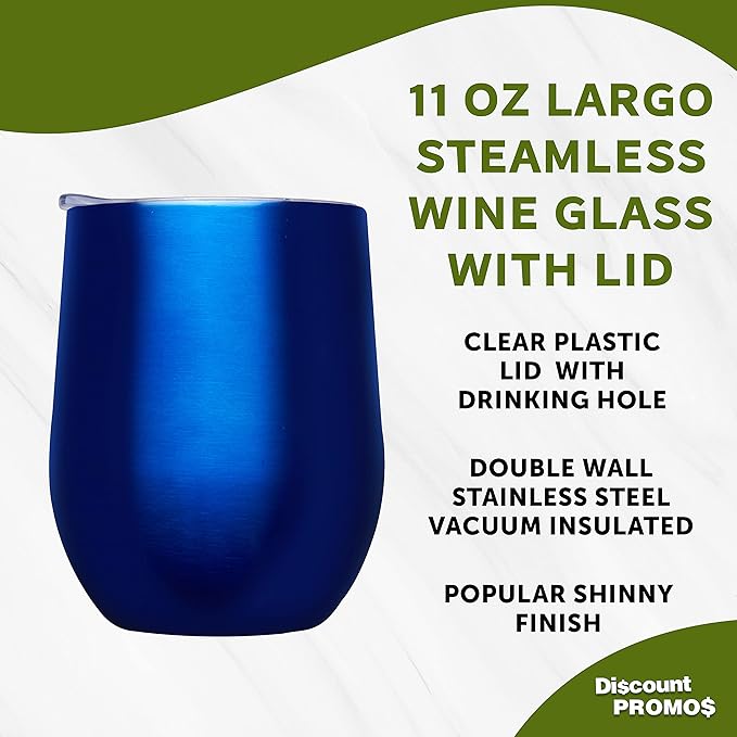 DISCOUNT PROMOS Stemless Wine Glass Tumblers with Lids by Largo 11 oz. Set of 6, Bulk Pack - Perfect for Wine, Cocktails, Other Hot & Cold Beverages - Blue