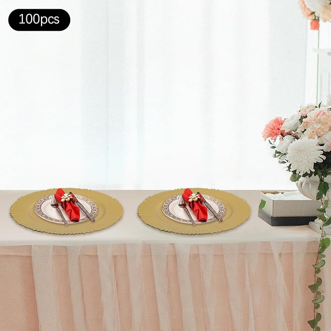 Charger Plates, 100pcs Floral Gold 13inch Plastic Dinner Plate, Round Plastic Dinner Plate with Delicate Texture for Parties Wedding (Floral Gold)