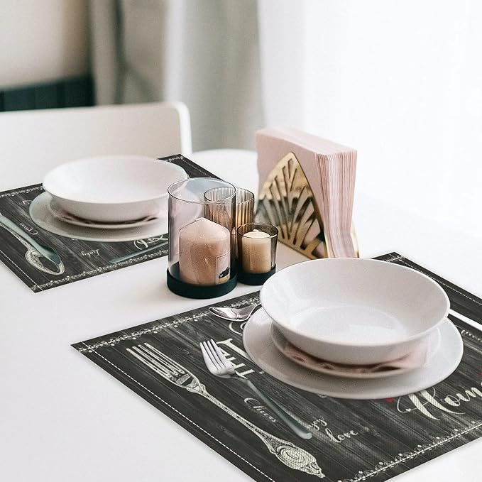Vintage Farmhouse Placemat Set, Minimal Black White Rural Plank Art Sketch Cutlery Knife Fork Inspirational Quotes Pattern Home Decor Linen Table Mats for Dining Room Kitchen Party (17x12in) x6P