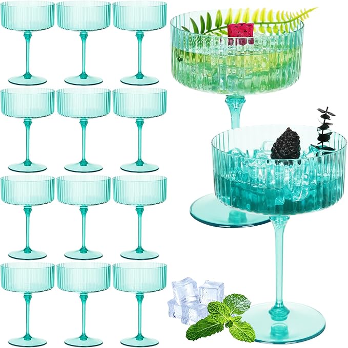 12 Pcs Ribbed Martini Glasses 10 oz Disposable Plastic Vintage Ribbed Coupe Glasses Unbreakable Dessert Parfait Glassware for Wedding Birthday Party Supplies (Light Green)
