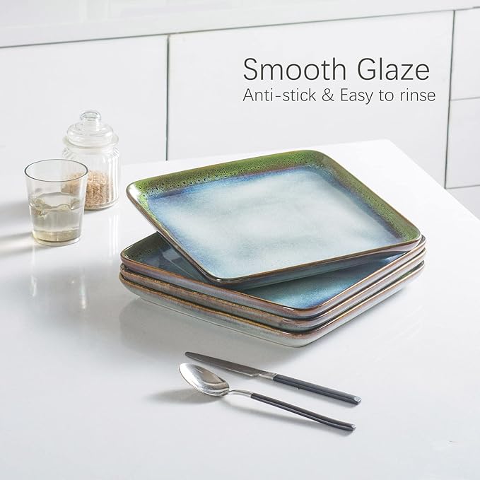 HENXFEN LEAD Square Ceramic Dinner Plates 11 Inch – Large Stoneware Serving Plates Set of 4 for Steak, Pasta & Salad, Microwave & Dishwasher Safe – Reactive Glaze Green
