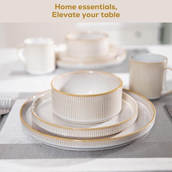 Romswi Stoneware Dinnerware Set for 4, 16Pcs Plates and Bowls Sets with Mugs, Chip & Scratch Resistant Dish Set, Handmade Reactive Glaze Plate Set, Oven,Microwave and Dishwasher Safe, Cappuccino White