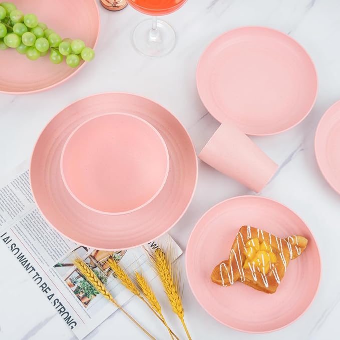 Supernal Pink Wheat Straw Dinnerware Sets,Unbreakable Dishes for 8, Plate and Bowls Sets, Reusable Plates, Dishwasher Safe Plates,Plastic Dinnerware Set, Pink Plastic Tableware