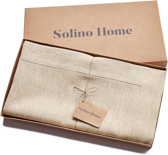 Solino Home Linen Tablecloth 60 x 108 Inch - 100% Pure Linen Champagne Beige Table Cloth for Rectangular Tables - Athena, Machine Washable Cloth Tablecloth for Fall, Thanksgiving, Christmas, Holiday