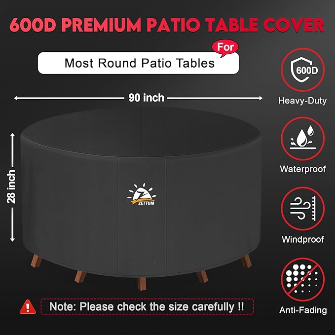 Zettum Round Patio Table Cover 90 Inch - 600D Outdoor Furniture Cover Round Waterproof & Heavy Duty, Large Lawn Furniture Set Covers for Outside Dining Table and Chairs Seating - 90 x 90 x 28 Inch