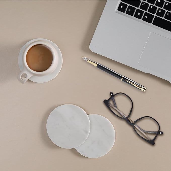 Carrara White Marble Coasters Set of 6 with Holder, Elegant Modern Round White Marble Drink Coasters for Coffee Table Decor, Semi Absorbent Stone Coaster for Drinks, Velvet Backed