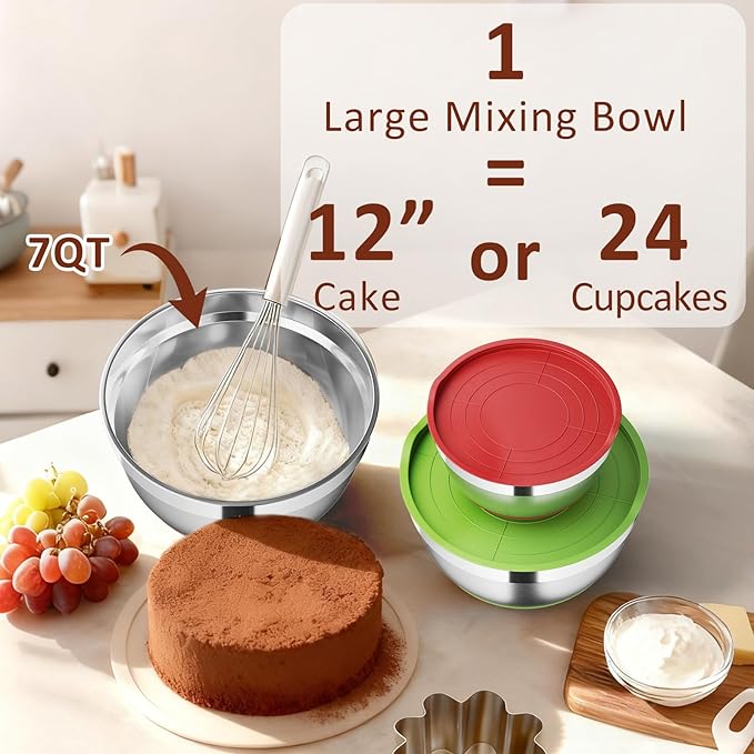 9 Pack Mixing Bowls with Airtight Lids Set, Stainless Steel Mixing Bowls with Grater Attachments, Nesting Kitchen Bowl Set with Non-Silp Bases, Size 7, 4, 3, 2, 1.5,1QT, Multi