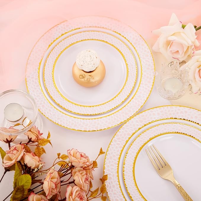 Ciaell 150PCS Pink Plastic Plates – Disposable Pink and Gold Plates Set include 50Plates, 25Forks, 25Knives, 25Spoons, 25Cups for Wedding & Party & Valentine's Day