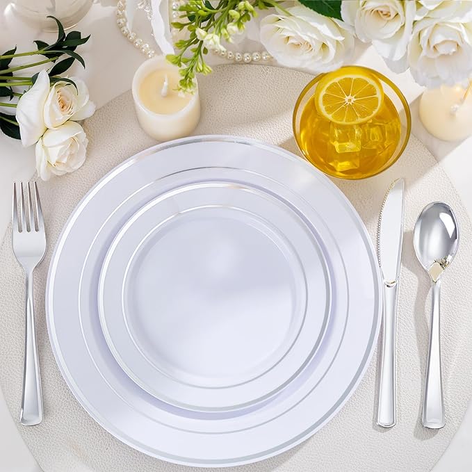 150 PCS Silver Disposable Dinnerware Set for 25 Guests, Silver Plastic Plates for Party, Including 25 Dinner Plates, 25 Salad Plates, 25 Cups, 25 Forks Knives Spoons for Wedding and Party Supplies