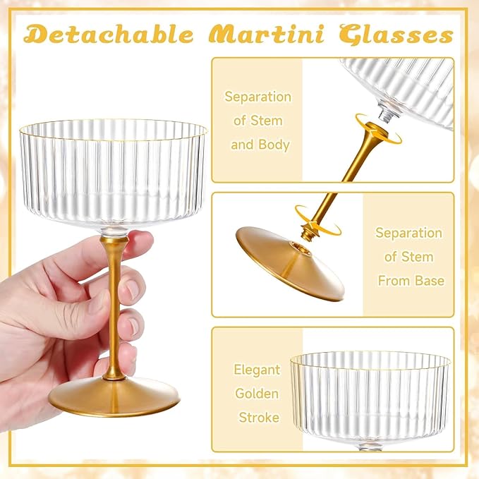 XUWAIDSGN 50 Pcs Champagne Martini Glasses 9 Oz with Gilded Removable Gold Rim Coupe Glasses Pink Martini Glasses Plastic Mimosa Vintage Coupe Glasses Set For Wedding Anniversary (50, Ribbed Gold)