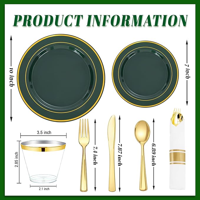 175PCS Green Plastic Plates - Green and Gold Disposable Plates 25Guests Plastic Plates with Rolled Napkins for Birthday/St. Patrick's Day