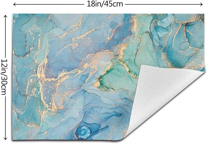 Teal Marble Placemats Set of 6 Turquoise Blue Gold Natural Luxury Abstract Fluid Wipeable Table Mats Reusable Washable PVC Rectangle Place Mats for Kitchen Dining Home Decor 12x18 Inches