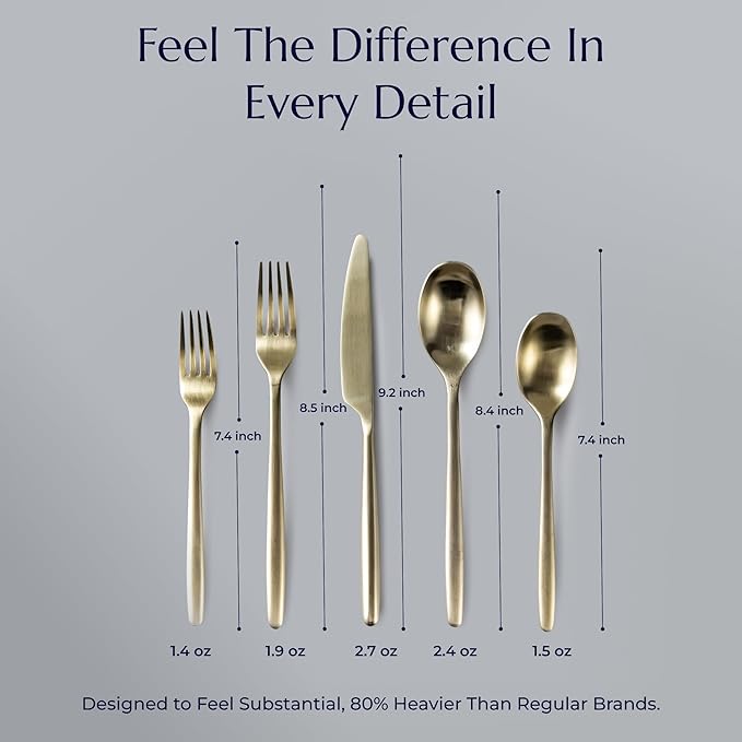 JazzUpCo Ava Flatware Flatware non toxic 18/10 stainless steel dishwasher safe (Matte Champagne Gold, 4 Person Set (20 Pieces))