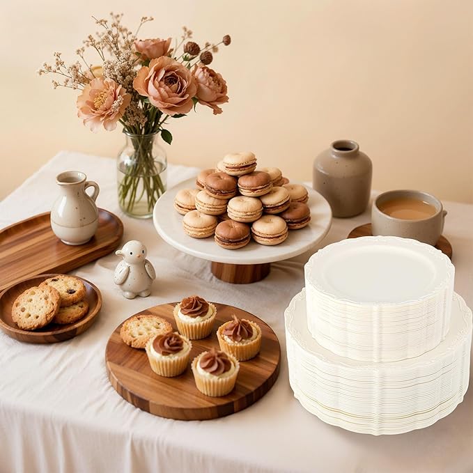 U-QE 100 Pieces Ivory Plastic Plates for Party - Ivory Disposable Plastic Plates - Heavy Duty Disposable Platos Including 50 Dinner 10 '' & 50 Dessert 7.5 '' for Valentine's Day