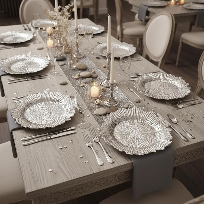LOYALHEARTDY 24 Pack 13 Inch Silver Charger Plates, Plastic Reef Textured Rim Round Decorative Underplates for Wedding, Party, Dinner Table