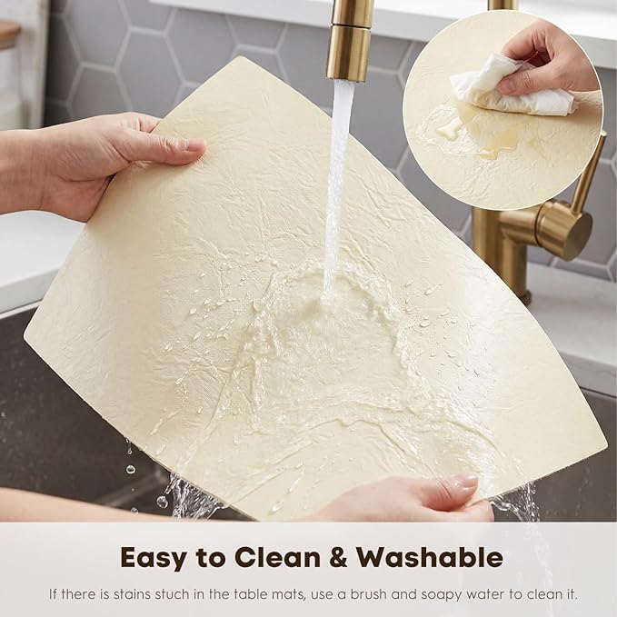 Artoid Mode Beige Faux Leather Placemats Set of 6, 12x18 Inch Waterproof Wipeable Heat Resistant Vinyl Place Mats, Reversible Table Mats for Kitchen Dining Decor