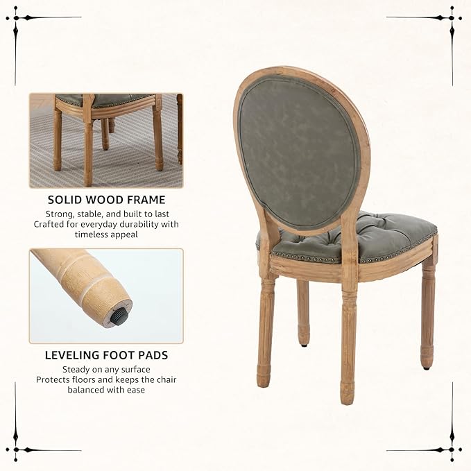 Vintage French Dining Chairs Set of 4, Round Back PU Leather Upholstered Side Chairs with Nailhead Trim and Solid Wood Frame, Sillas de Comedor for Dining Room & Kitchen, Olive Green