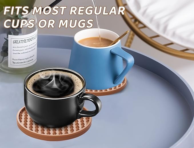 Coasters for Drinks 6 Pack Drinking Plastic Coaster with Holder,Heat Resistant Silicone Cup Mat Tabletop Protection,Non-Slip Rubber Coasters for Kinds of Cups (Brown)