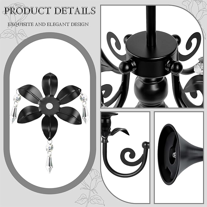 20''Tall Crystal Pendant Taper Candle Holders/Stylish Candle Stands/Candlesticks Holder/Candelabra for Home Decor, Weddings/Parties/Elegant Dining Table Centerpiece (4, Black, 5 Arm)