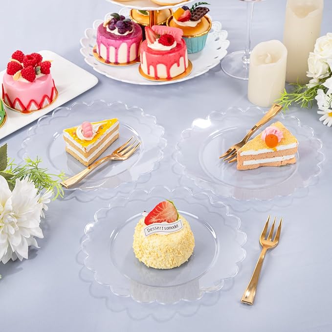 LIYH 200 Pcs Clear Plastic Plates and Gold Forks Disposable Dessert Plates 7.5" Clear Cake Plate,Baby Shower Plate Set for Weddings Birthday Bridal Showers Afternoon Tea