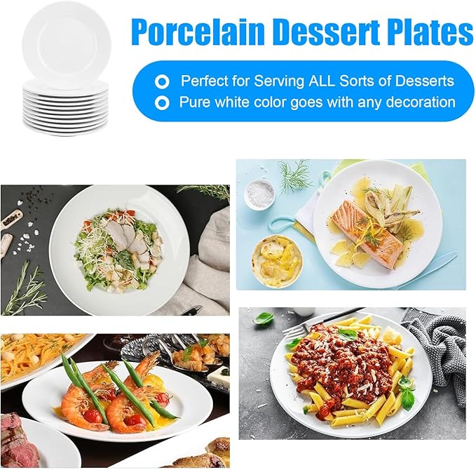 12 Pcs Porcelain Dessert Plates, 6 Inch White Appetizer Plates, Ceramic Salad Plate Set, Small White Plate for Appetizers Snack Cake Bread, Microwave Oven and Dishwasher Safe