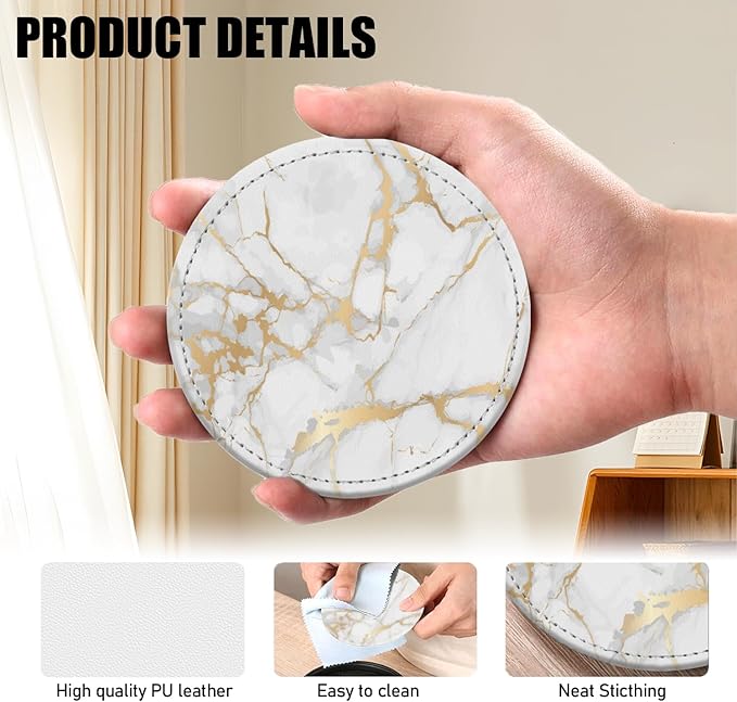Coasters for Drinks PU Leather,Set of 6 with Holder,Round Housewarming Gift Home Decor,White and Golden Marble