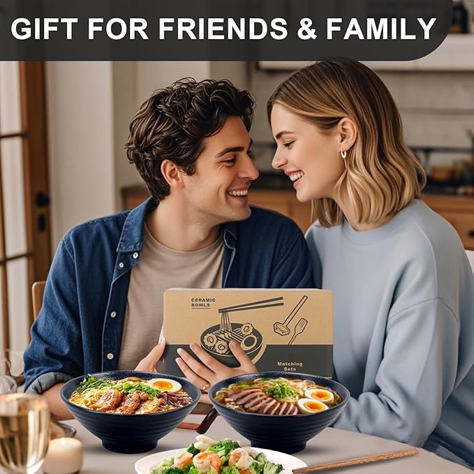 9.4Inch Ceramic Ramen Bowl Set of 2 (9 Piece) - Porcelain Japanese Salad Noodles Cereal Fruit Pasta Soup Large Bowls with Recipes Chopsticks Forks Spoons for Men Women Gift Microwave Dishwasher Safe