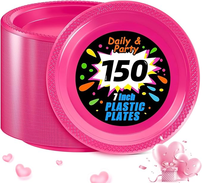 WELLIFE Hot Pink Party Plates 7 Inch -150 Count, Plastic Disposable Dessert Plates for Party Valentine's Day Cake Appetizers Salad Baby Shower Wedding