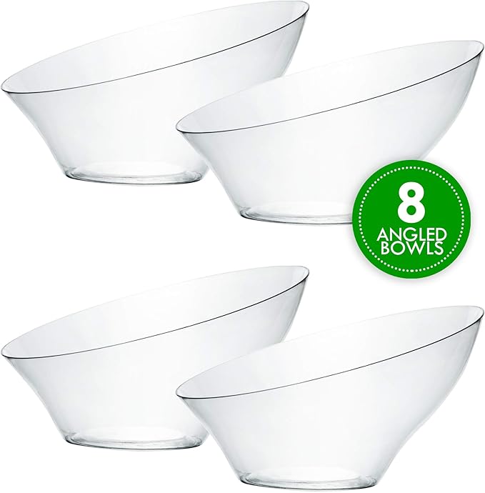 PLASTICPRO Disposable Angled Plastic Bowls Round Small Serving Bowl, Elegant for Party's, Snack, or Salad Bowl, Clear Pack of 8