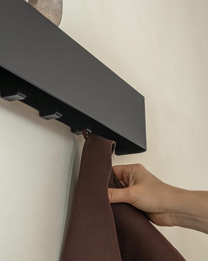 Kazai.® Coat Rack Wall Mount with Shelf 'Tone' | Modern Design Coat Hanger with Hidden Hooks and Storage | Hat Rack with Shelf in Metal | Wall-Mounted Purse Organizer | Black
