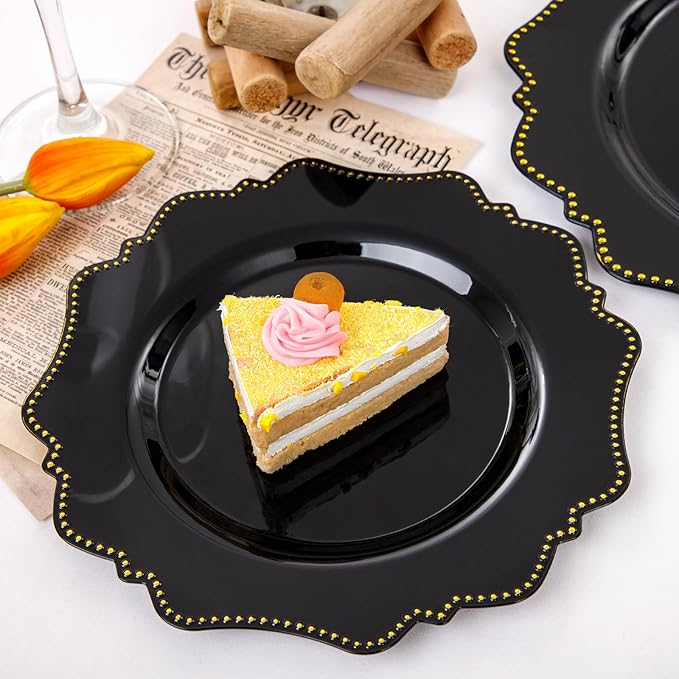 COLOSUS Black Plastic Plates Set,Heavy Duty Black Disposable Plates for 50 guests,Include 50PCS 10.5inch Dinner Plate and 50PCS 8.25 inch Dessert Plate for Halloween Party/Wedding/New Year/Birthday