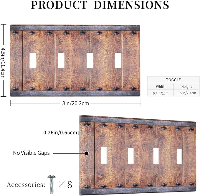 Light Switch Cover Rustic Farmhouse Barn Door Vintage Wood 4 Gang Switch Plate Quad Toggle Wall Plates Decorative Switchplate Electrical Outlet Cover for Bathroom Cabin Decor