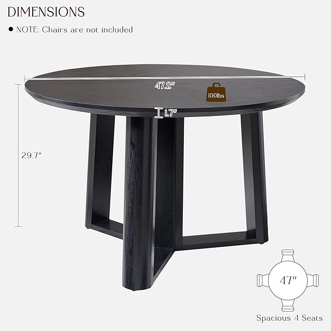 OKD 47" Dining Table for 4-6, Round Dining Room Table with Triangular Structure Pedestal Stable Base, Curved Table Edge, Circle Kitchen Tables for Dining Room, Kitchen, Black Oak