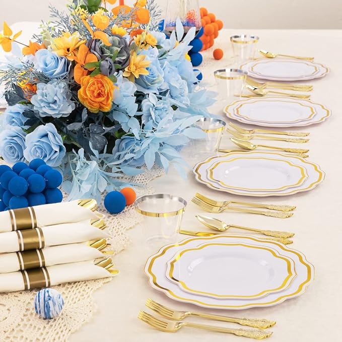 YOUBET 350 PCS White and Gold Plastic Plates - Disposable Plates for 50 Guests Tableware Includes 150 Gold Plastic Silverware, 50 Cups, 50 Napkins, for Wedding Party & Thanksgiving