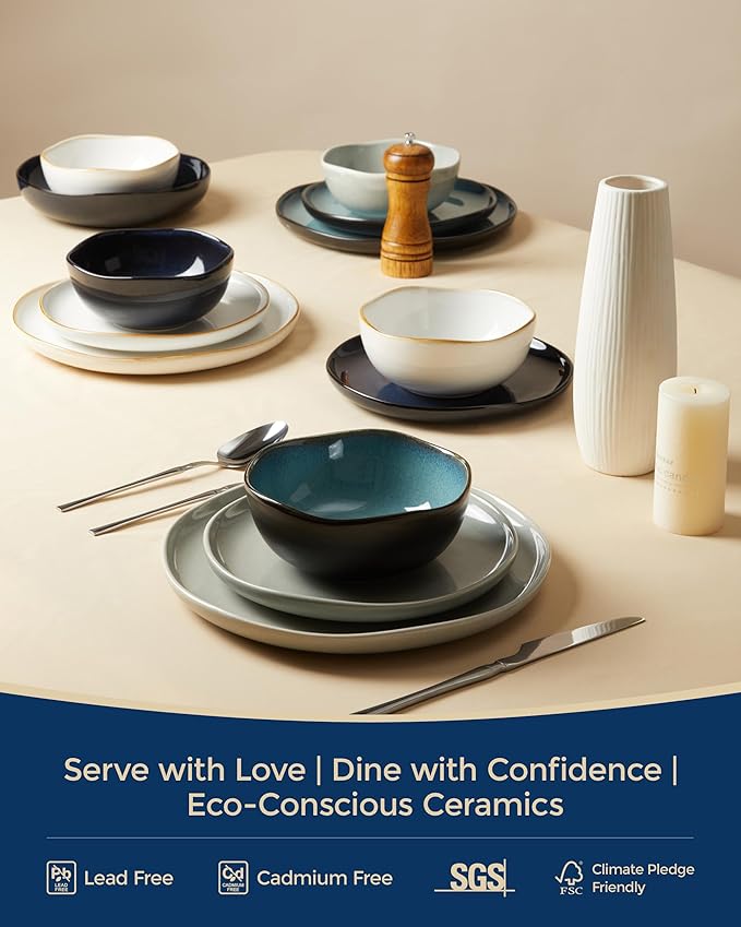 Stoneware Pasta Bowls Set of 4, 8.26" Large Serving Bowls, Chip Resistant Plate Bowls, Salad Serving Bowl for Lunch, Unique Irregular Look, Starry Blue