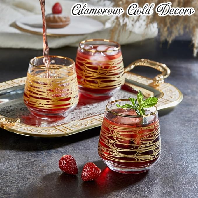 Gold Rim Cocktail Juice Water Wine Whiskey Drinking Glasses Set of 6 Glassware Rimmed Trim Crystal Cups Drinkware Drink Bar Fancy Party Wedding Decorative Style