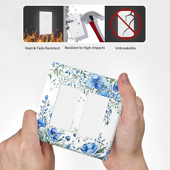 Outlet Covers Blue Watercolor Flowers Retro Floral Leaves 2 Gang Light Switch Cover Double Rocker Wall Plate Decorative GFCI Receptacle Electrical Switchplate for Bathroom Bedroom Decor（2 Pack）