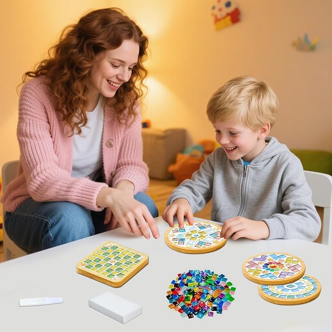 Airsnigi 10 Set DIY Mosaic Tiles for Crafts Mixed Color Glass Mosaic Kits with Wooden Coasters DlY Coasters Kit Mosaic Supplies for Adult DIY Kit Bamboo Coaster Christmas Gift for Drinks Tray