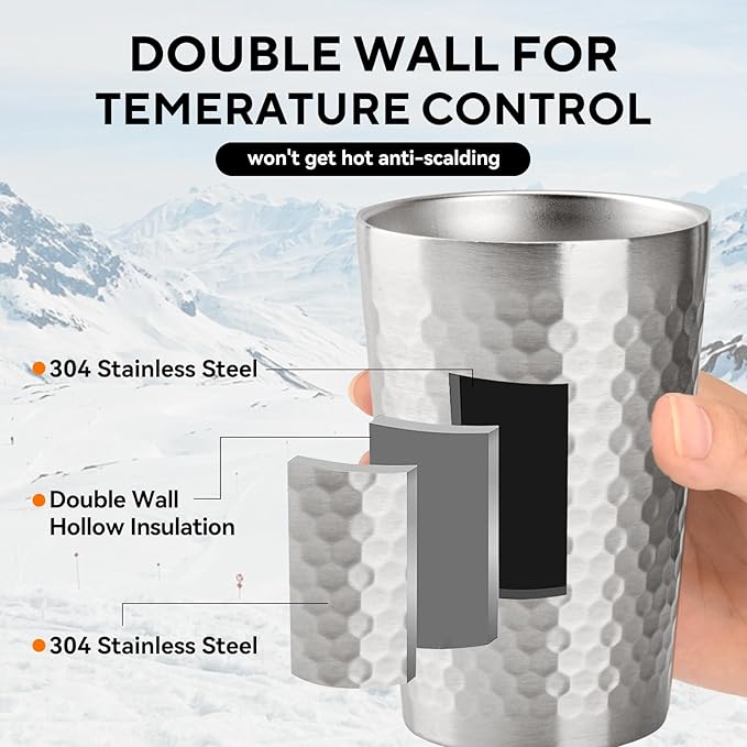 5 Pcs 12 oz Honeycomb Small Metal Cup, Double Wall Vacuum Stainless Steel Insulated Cup, Reusable Camping Cups Unbreakable Indoor Outdoor for Party, Home, Office, BBQ, Silver