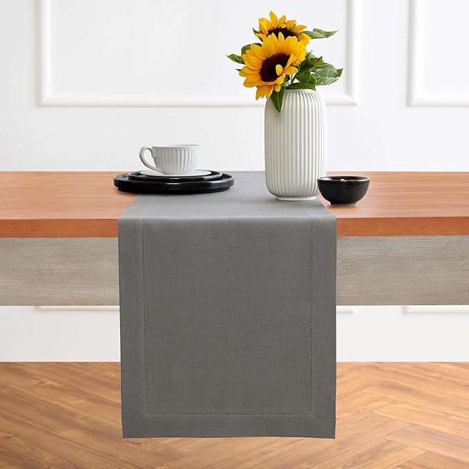 Solino Home Linen Steel Gray Table Runner 90 Inches Long - 100% Pure Linen Hemstitch 14 x 90 Inch Table Runner for Dining, Spring - Classic Hemstitch