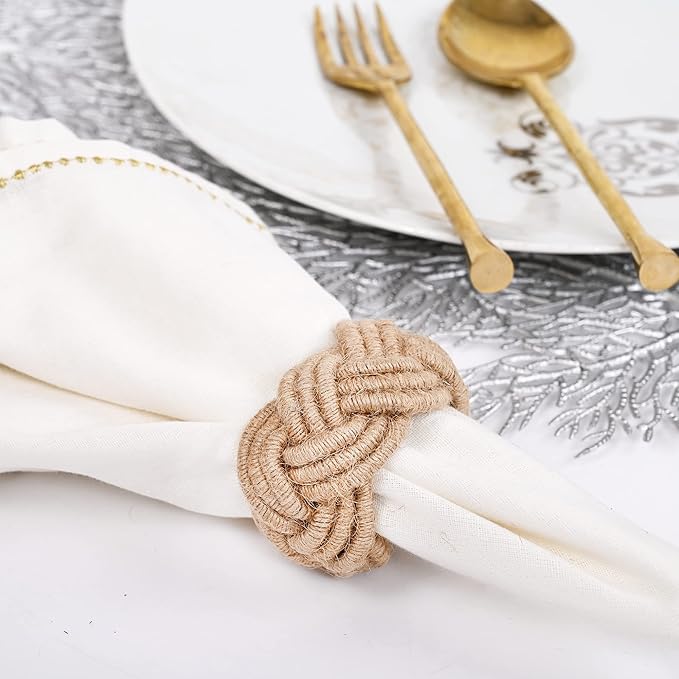 CLEENTABLE Farmhouse Napkin Rings Set of 12 - Nautical Woven Round Coastal Jute & Cotton Tabletop Decor for Weddings, Parties, Everyday Dining, Gifting - Easy to Clean (Brown)