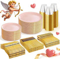 WDF 300Pcs Pink Plates Disposable - Pink and Gold Plastic Dinnerware Set for 50 Guests Include 50 Dinner & Cake Plates, 50 Disposable Cutlery, 50 9oz Cups for Wedding, Party, Valentine's Day