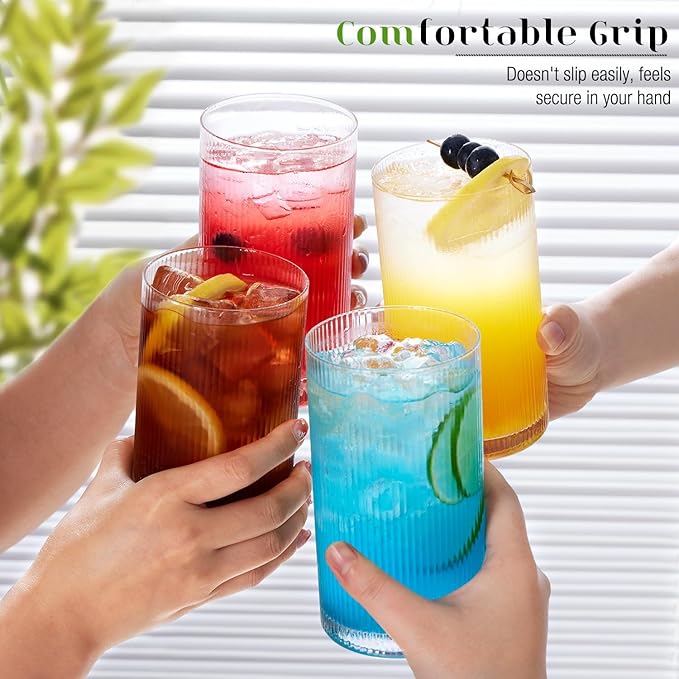 LUNA & MANTHA Ribbed Glasses Drinking Set of 8-17oz Large Capacity Highball Glasses, 12oz Rocks Glass Cups, Vintage Cocktail Glasses, Ideal for, Water, Ice Coffee Cup, Whiskey, Mixed Drinkware