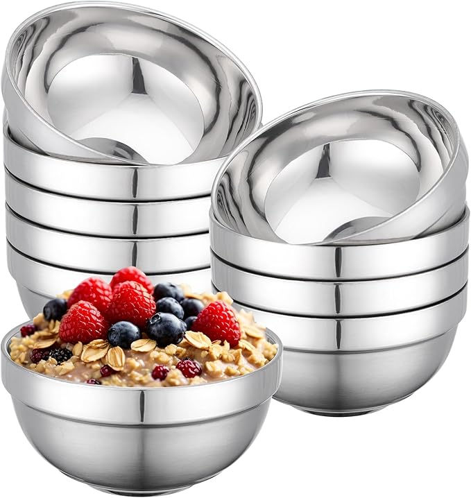 Stainless Steel Bowls Bulk, 10 Pack 5.1in 15.9oz 470ml Mini Small SUS304 Double Wall Insulated Stackable Metal Eating Bowl Containers for Restaurant Serving Snacks Ice Cream Soup Cereal Rice