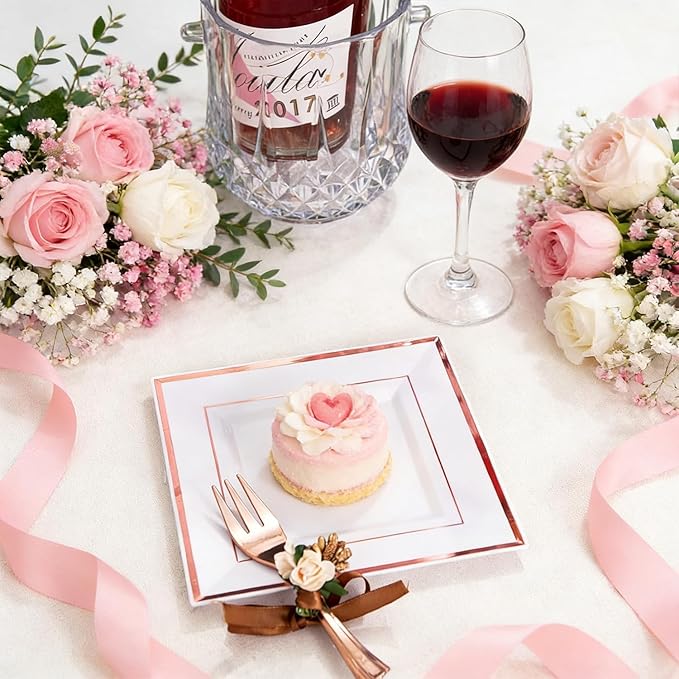 WDF 86pcs Rose Gold Dessert Plates 6" with 86 Pieces Disposable Forks 5", Elegant Square Appetizer Small Plastic Plates for Mother's Day, Wedding